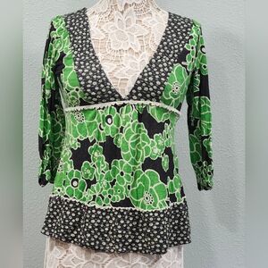 Ric Rac Floral Green and Dark Grey Women's Top With Lace Trim